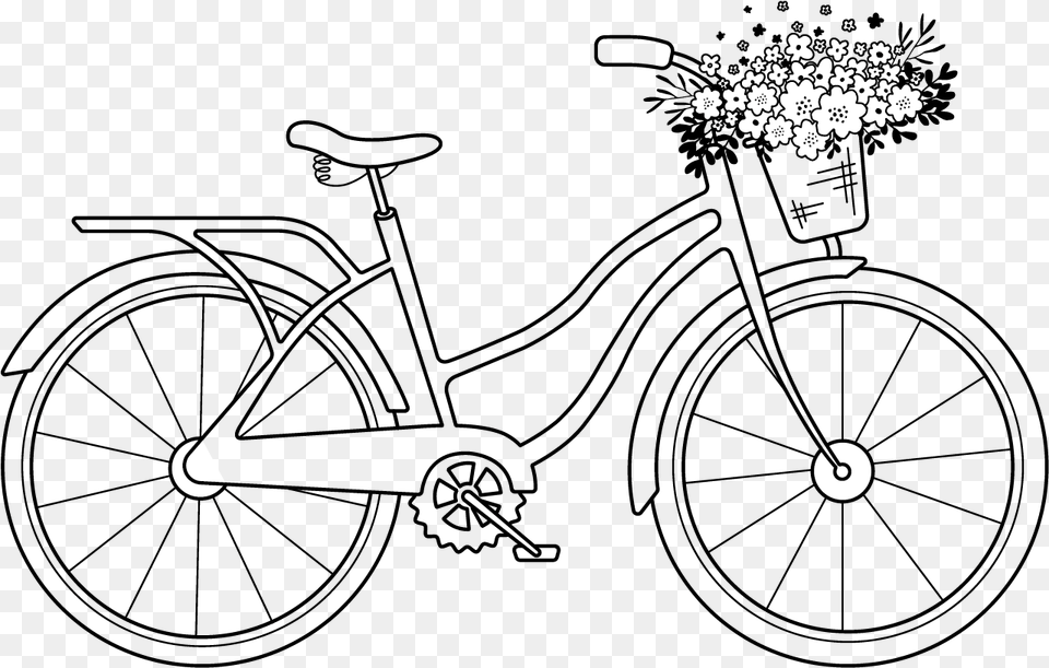 Digital Stamp Vintage Bike With Floral Basket Bike With Flowers Clipart Black And White, Outdoors, Nature, Astronomy, Moon Png Image
