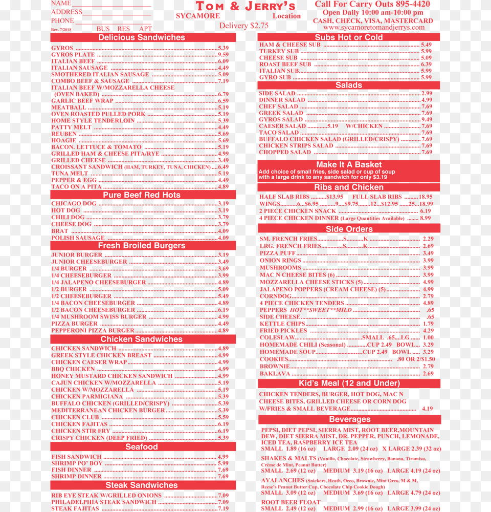 Dine With Tom Amp Jerry39s Restaurant In Sycamore Il Document, Text, Menu Free Png Download