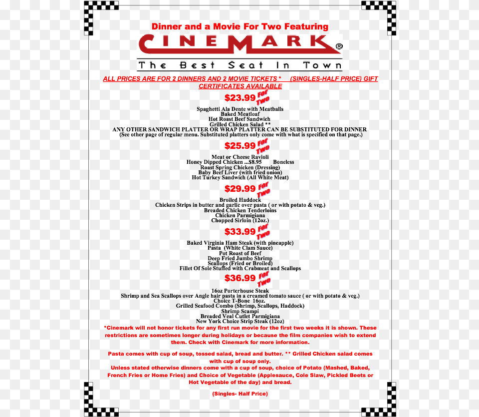 Dinners At Terry39s And 2 Cinemark Tickets, Advertisement, Poster, Text, First Aid Free Png