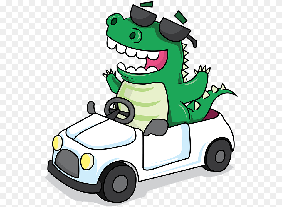 Dino Car Cartoon Cute Funny Cartoon Car Crocodile, Plant, Grass, Lawn, Wheel Png