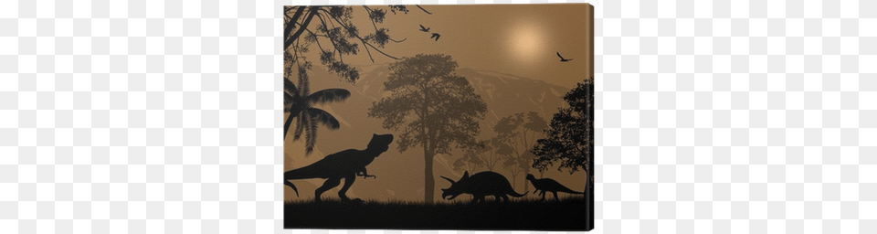 Dinosaurs Silhouettes In Beautiful Landscape Canvas Illustration, Animal, Bird, Dinosaur, Reptile Png Image