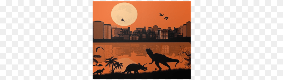 Dinosaurs Silhouettes In Front A City Scape Poster Illustration, Silhouette, Urban, Metropolis, Sunset Free Png Download