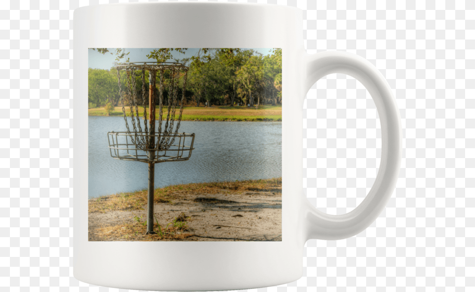 Disc Golf Basket With Lake View Mug, Cup, Beverage, Coffee, Coffee Cup Png Image