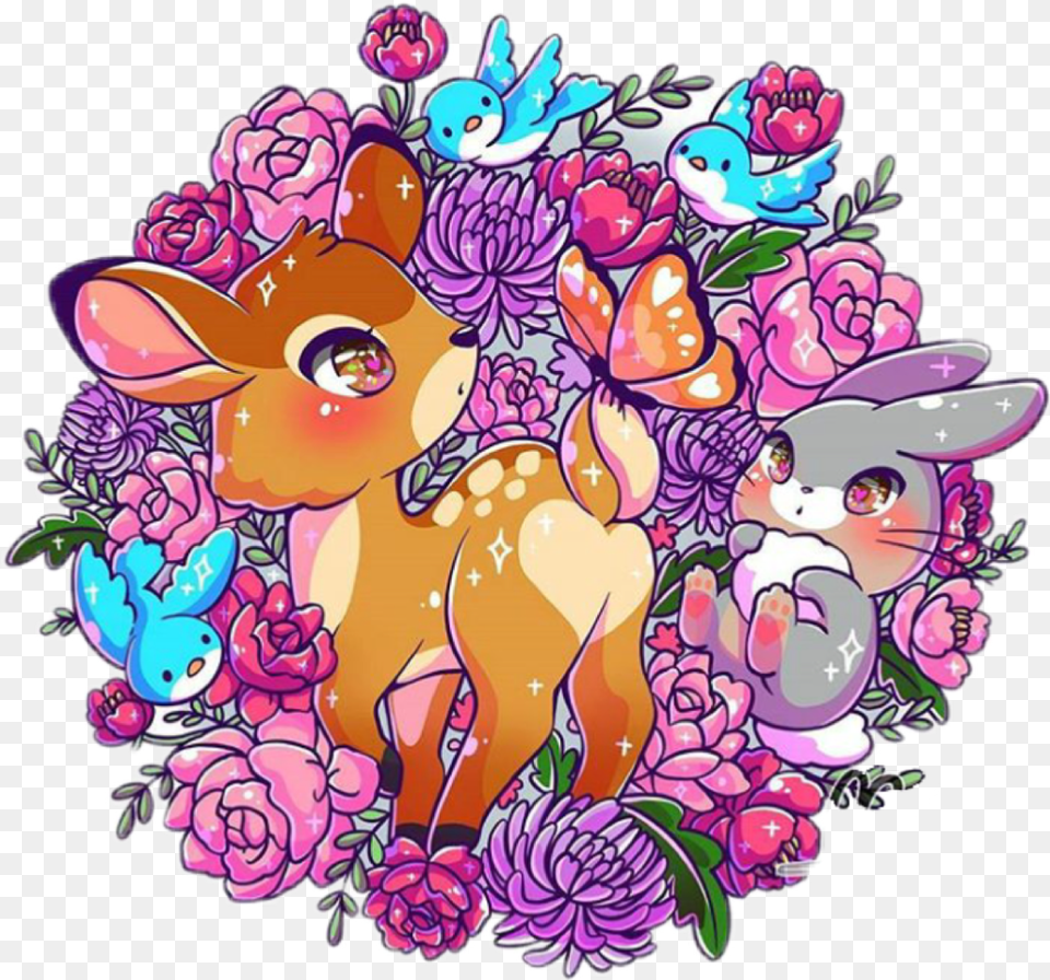 Disney Bambi Thumper Flowers Chibi Chibi, Art, Graphics, Purple, Drawing Png Image