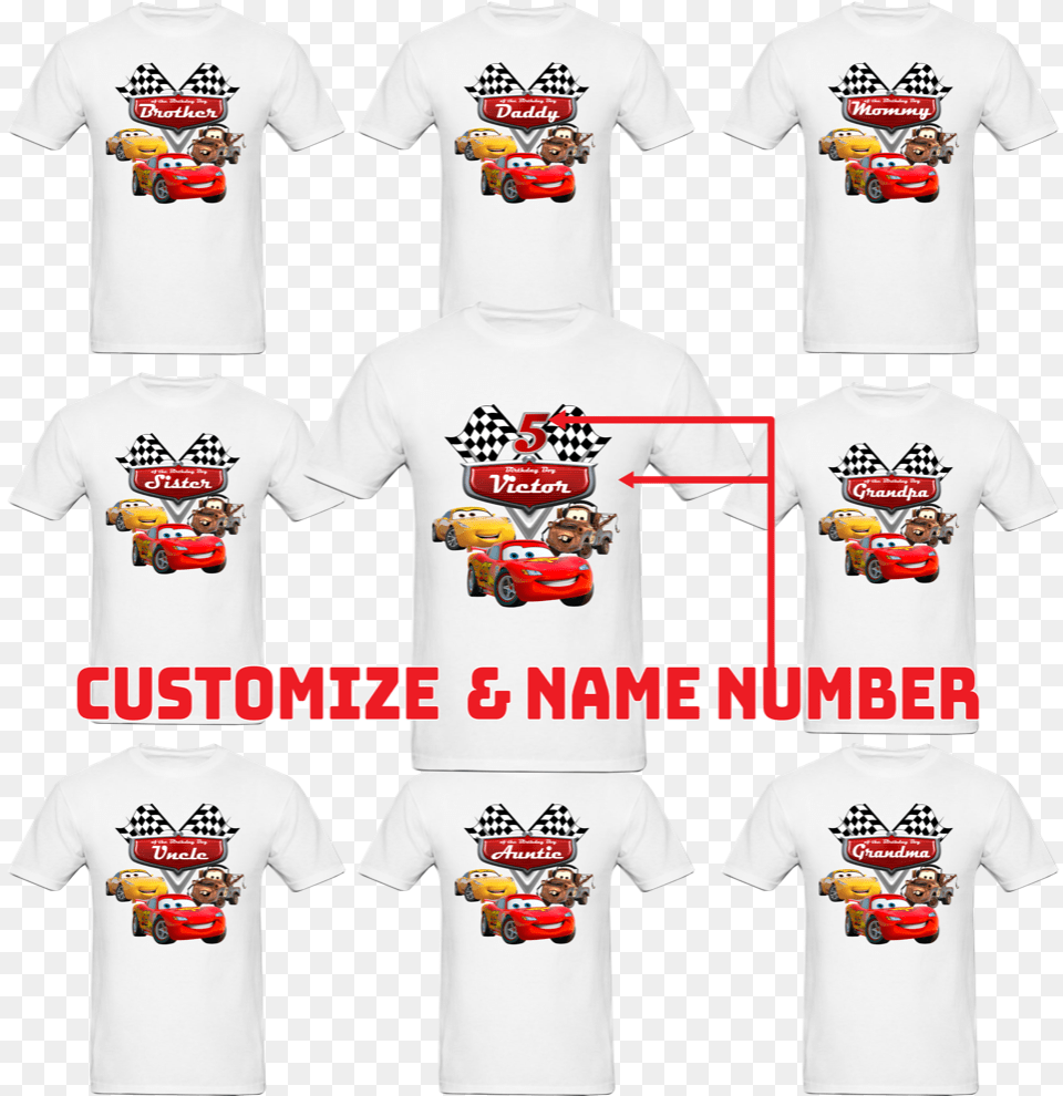 Disney Cars Birthday Shirt Lightning Mcqueen Custom Personalized Family Shirts Short Sleeve, T-shirt, Clothing, Baby, Person Free Png