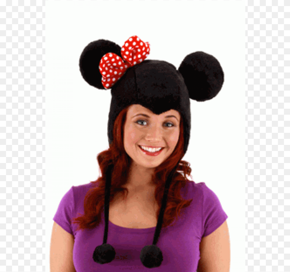 Disney Minnie Mouse Adult Hoodie At Cosplay Costume Disney Minnie Mouse Laplander Hat With Ears, Clothing, Cap, Woman, Person Free Png