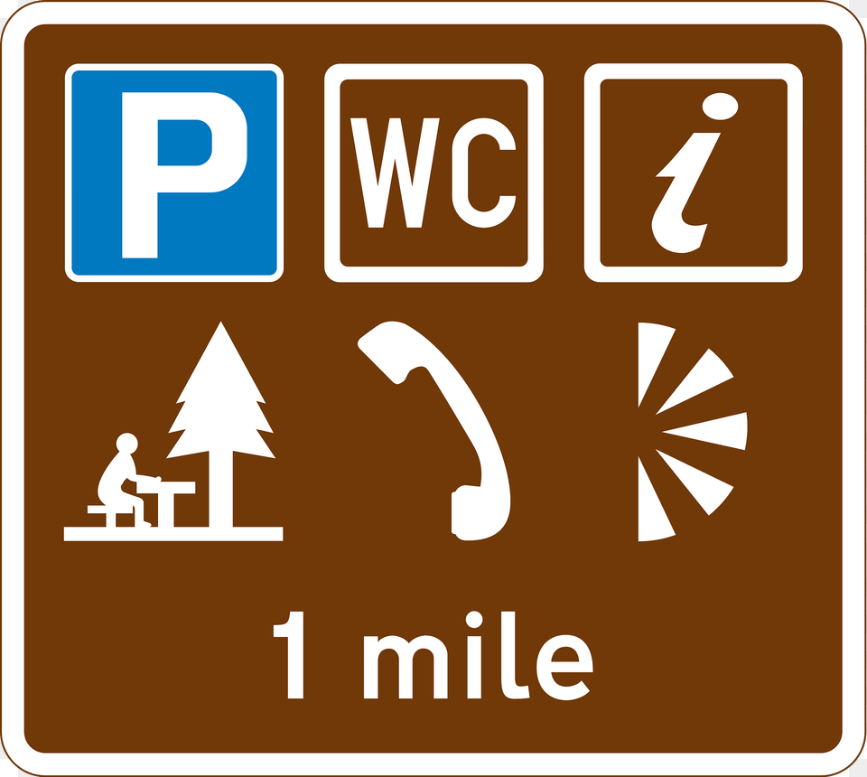 Distance Ahead To A Parking Place With A Tourist Information Point Picnic Site Public Telephone Public Toilets And Viewpoint Clipart, Sign, Symbol, Text, Scoreboard Png Image
