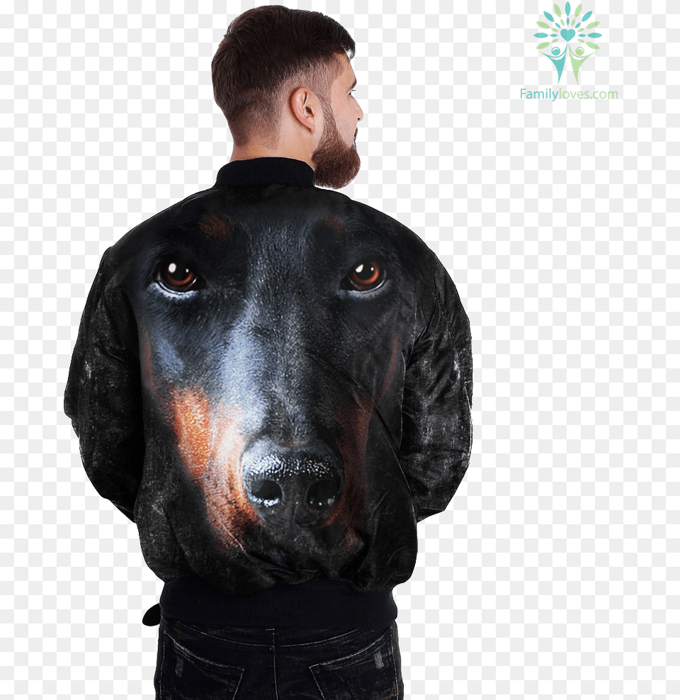 Doberman Pinscher Over Print Jacket Tag Familyloves Give A Man A Motorcycle, Clothing, Coat, Adult, Person Free Transparent Png