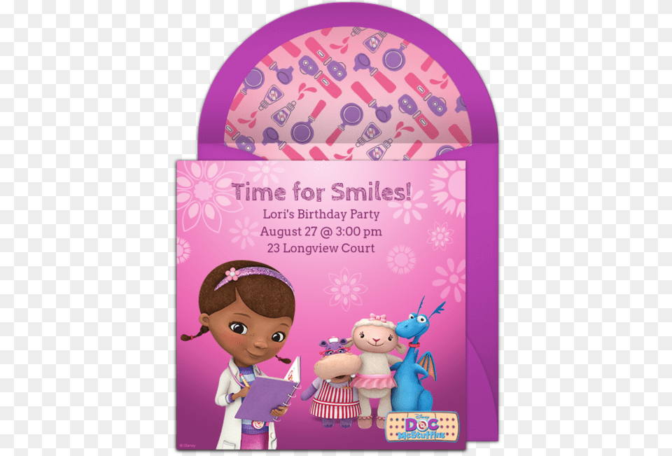 Doc Mcstuffins Check Up Online Invitation Punchbowl Doc Mcstuffins Evite Invitations, Baby, Person, Advertisement, Doll Free Png Download