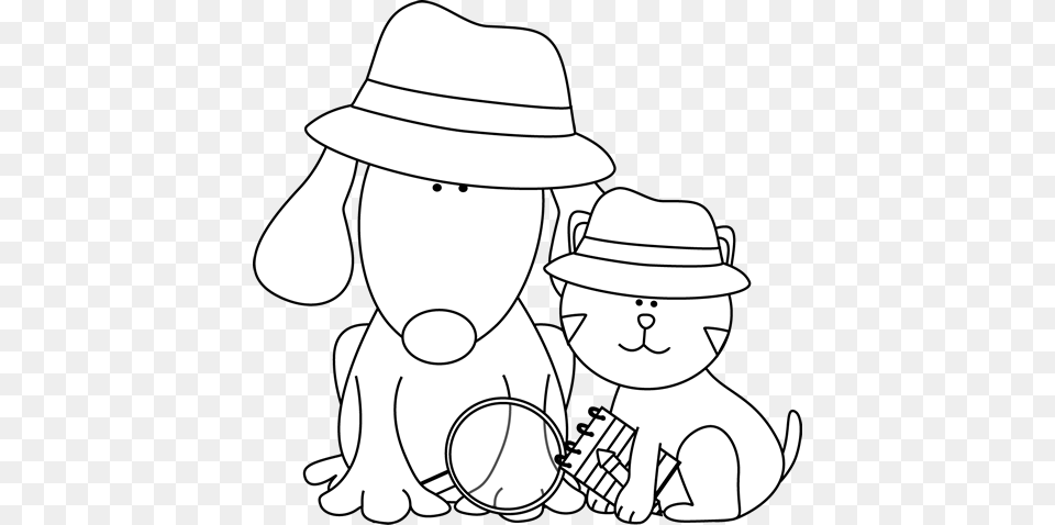 Dog And Cat Clip Art Black And White Detective Clipart, Clothing, Hat, Sun Hat, Drawing Free Png