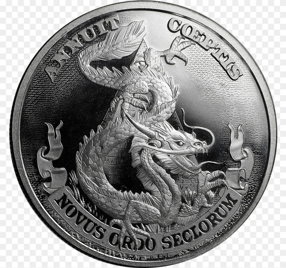 Dollar 1oz Silver Shield Round Dollar Dragon Silver Coin, Animal, Dinosaur, Reptile, Money Free Png Download