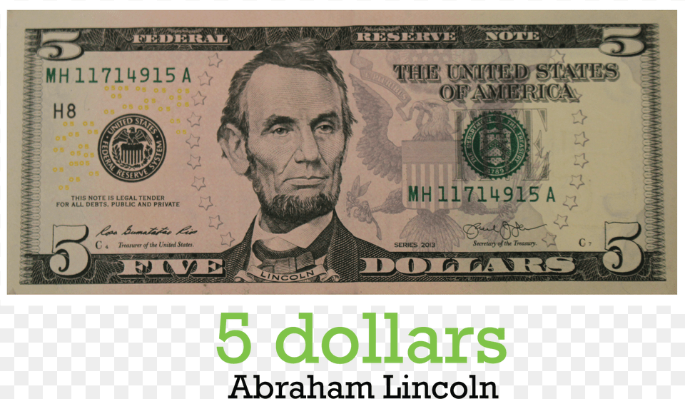 Dollar Five Dollar Bill Transparent, Adult, Male, Man, Money Free Png Download