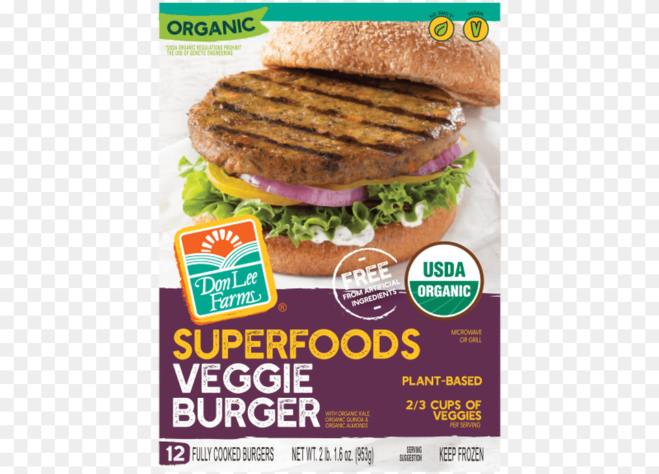 Don Lee Farms Superfoods Veggie Burger, Advertisement, Food, Poster, Bread Png Image
