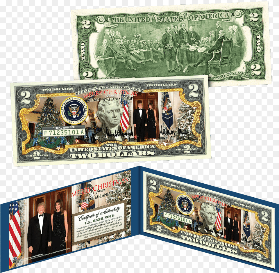 Donald Amp Melania Trump Christmas 2 Bill State Of Delaware 2 Dollar Bill, Person, Adult, Man, Male Free Png
