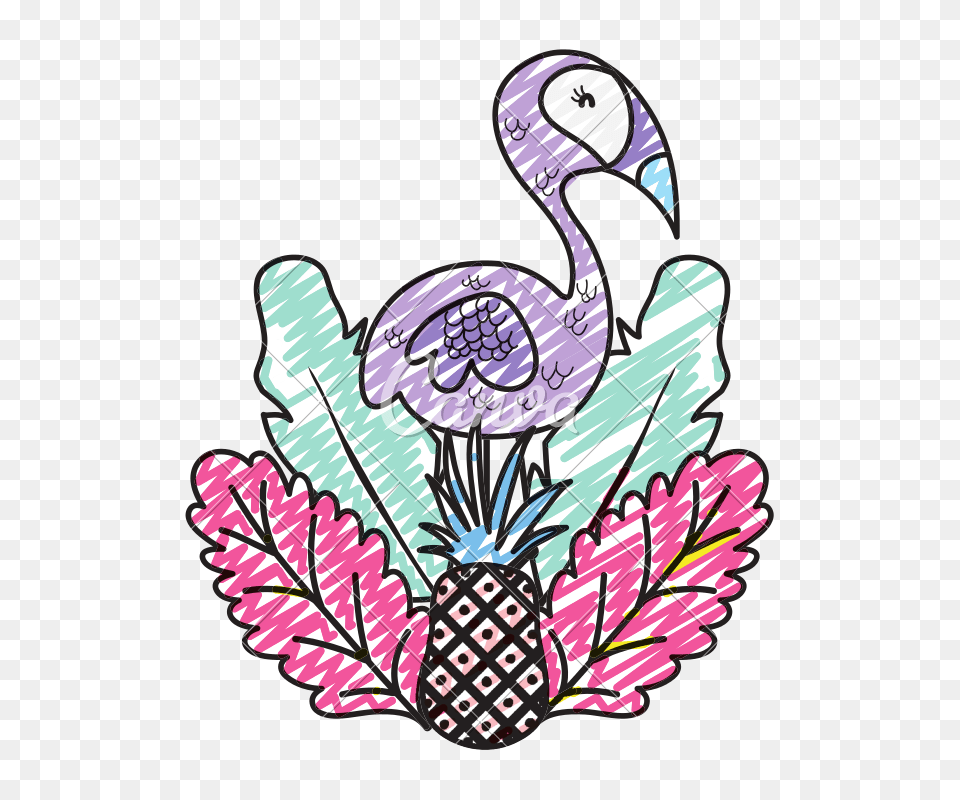 Doodle Exotic Flamingo Bird Animal With Tropical Plants, Dynamite, Weapon Png Image