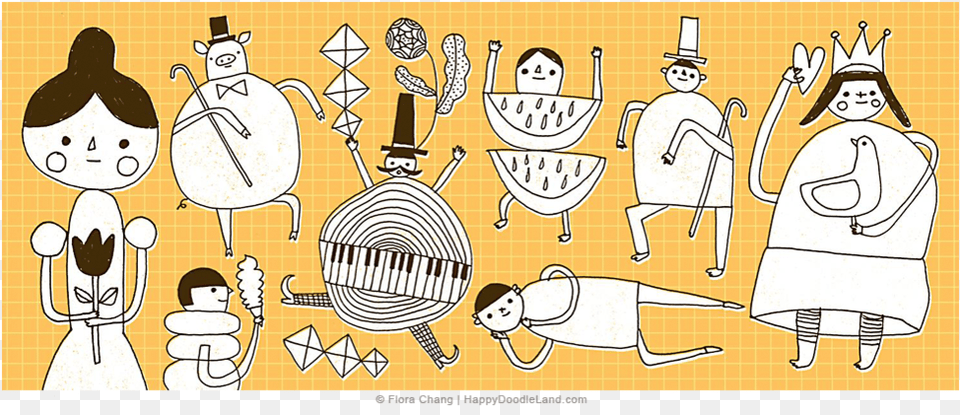 Doodle People On Yellow Grid Flora Chang, Drawing, Art, Person, Cutlery Free Transparent Png