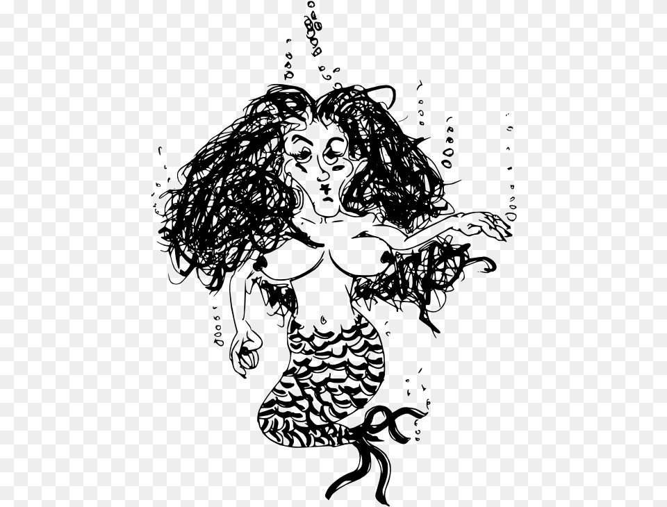 Doodle Wicked Mermaid Black White Line Art 555px Illustration, Gray Free Png