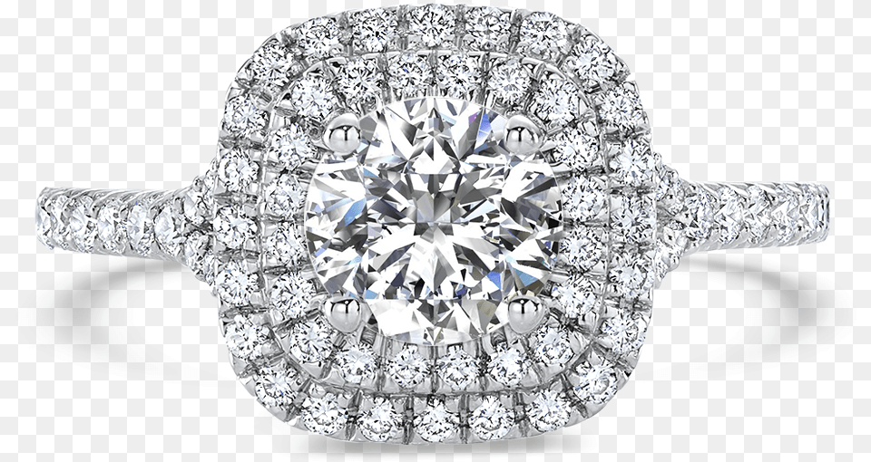 Double Halo Diamond Engagement Ring Cushion Three Stone Halo Ring, Accessories, Gemstone, Jewelry, Silver Free Png Download