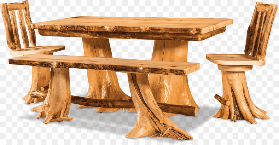 Double Stump Table Dining Room Log Furniture In Log Furniture, Wood, Dining Table, Chair, Dining Room Free Png