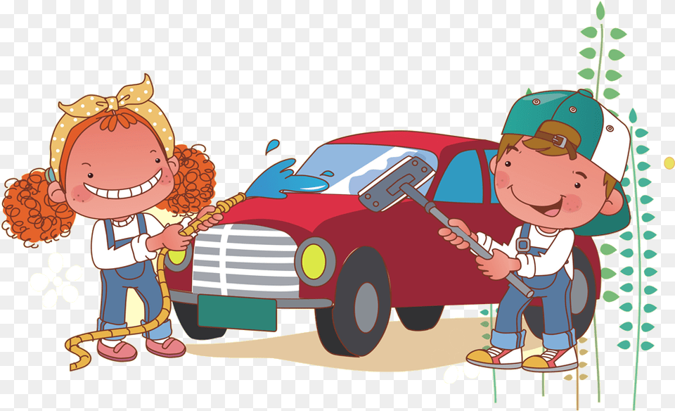 Download And For Car Men Wash Cartoon Women Clipart Cartoon Girl Car Washing, Baby, Person, Book, Publication Png Image