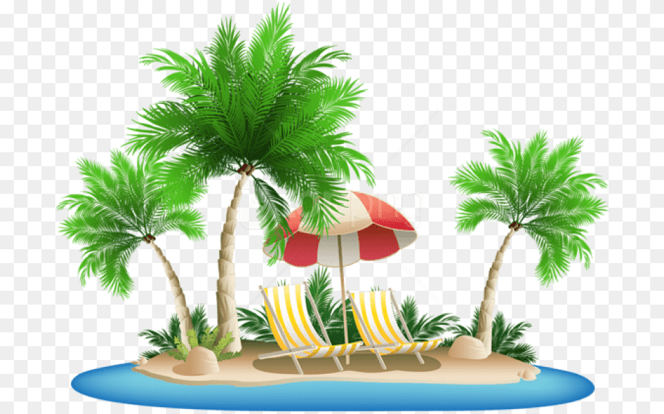 Download Beach Umbrella With Chairs And Palm Beach Palm Trees, Architecture, Tree, Summer, Resort Png Image