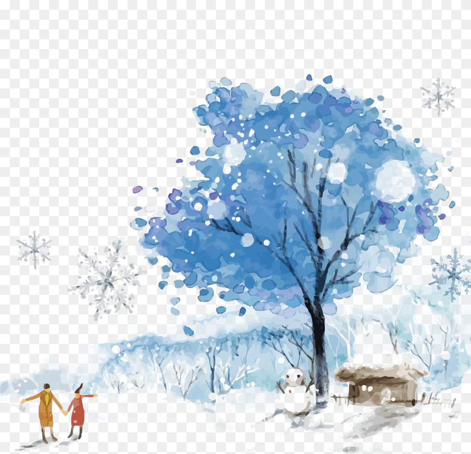 Download Blue Winter Sky Snow Watercolor Paint Hq Image Painted Tree, Architecture, Building, Shelter, Outdoors Free Transparent Png