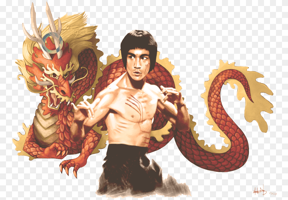 Download Bruce Lee Photo Bruce Lee With Dragon Background, Adult, Male, Man, Person Png Image