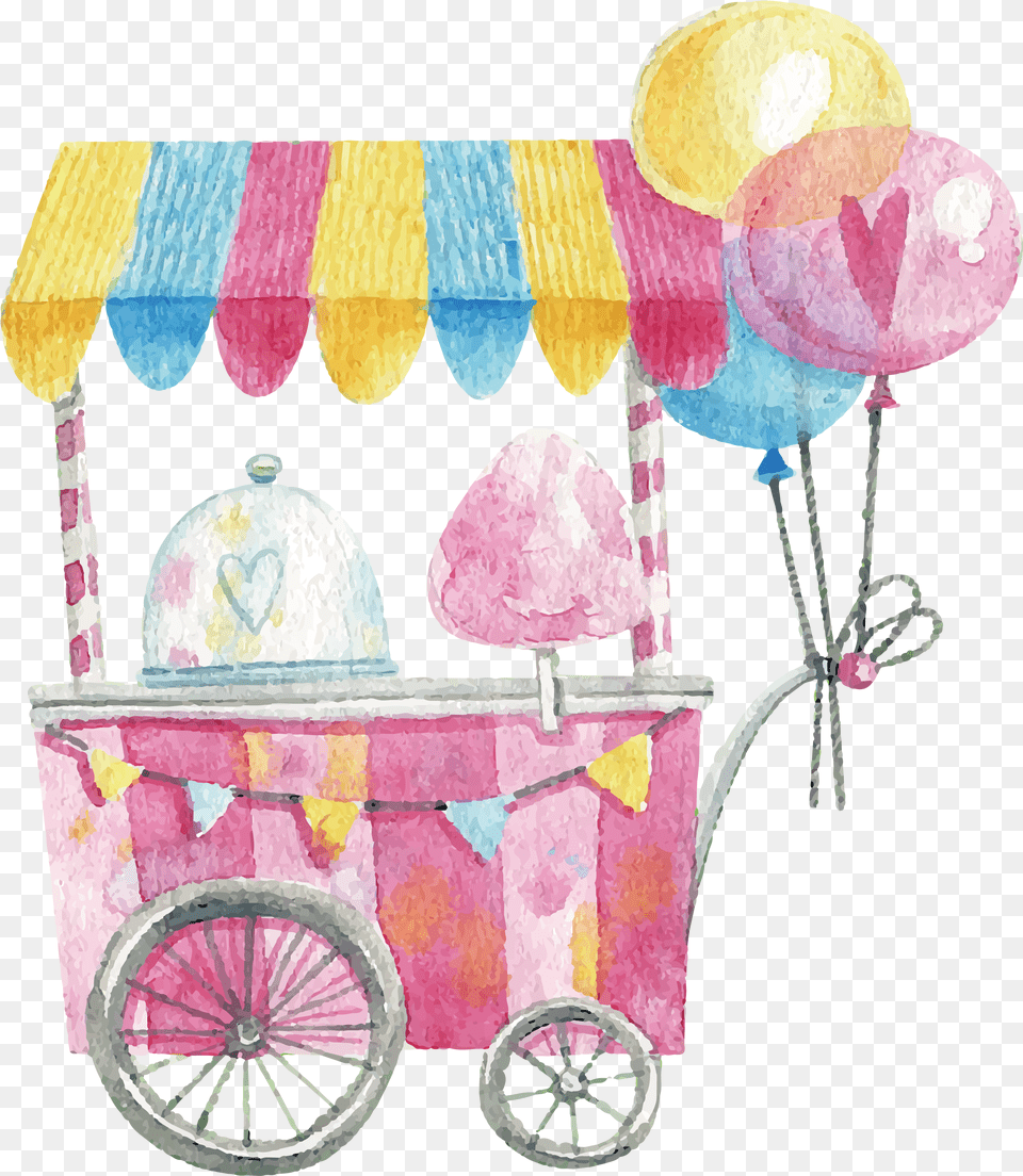 Download Cart Watercolor Candy Cotton Lollipop Hand Painted Cotton Candy Watercolor, Carriage, Transportation, Vehicle, Wagon Png Image