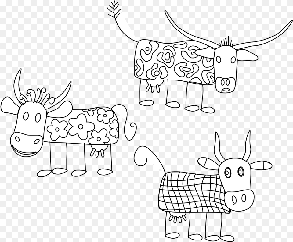 Download Cartoon Cows Black White Line Cartoon, Animal, Cattle, Livestock, Mammal Png