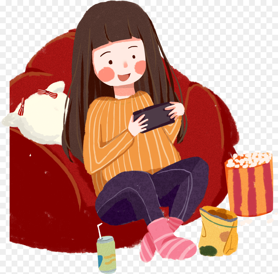 Cartoon Illustration Fat House Life Girl And Girl With Phone Cartoon, Baby, Furniture, Person, Cake Free Png Download