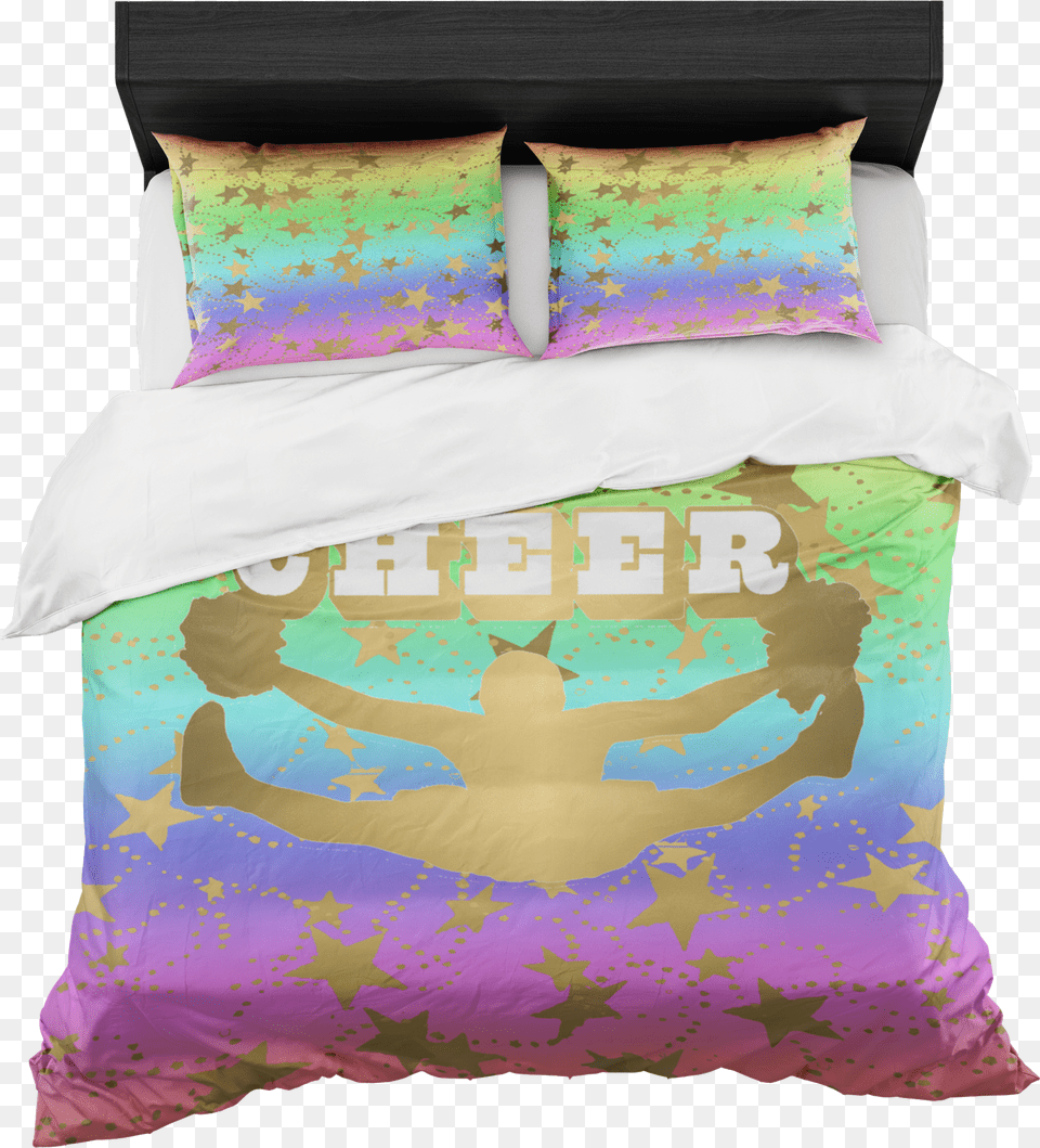 Cheer Silhouette With Stars In Gold And Rainbow Duvet Cover, Cushion, Furniture, Home Decor, Bed Free Png Download