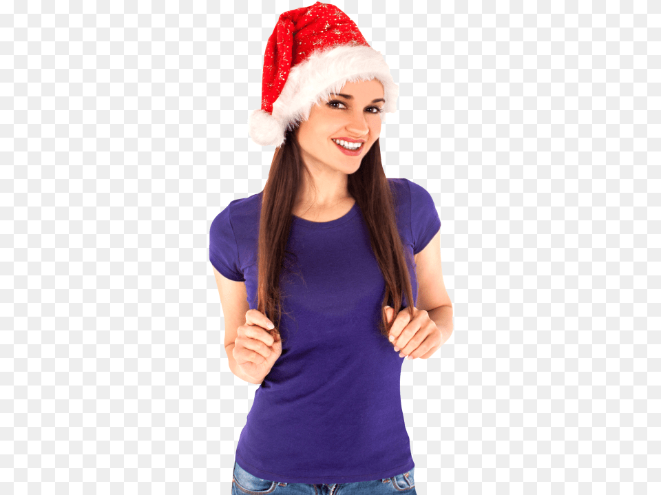 Download Christmas Santa Hat Woman Christmas Day, Cap, Clothing, Teen, Person Png Image