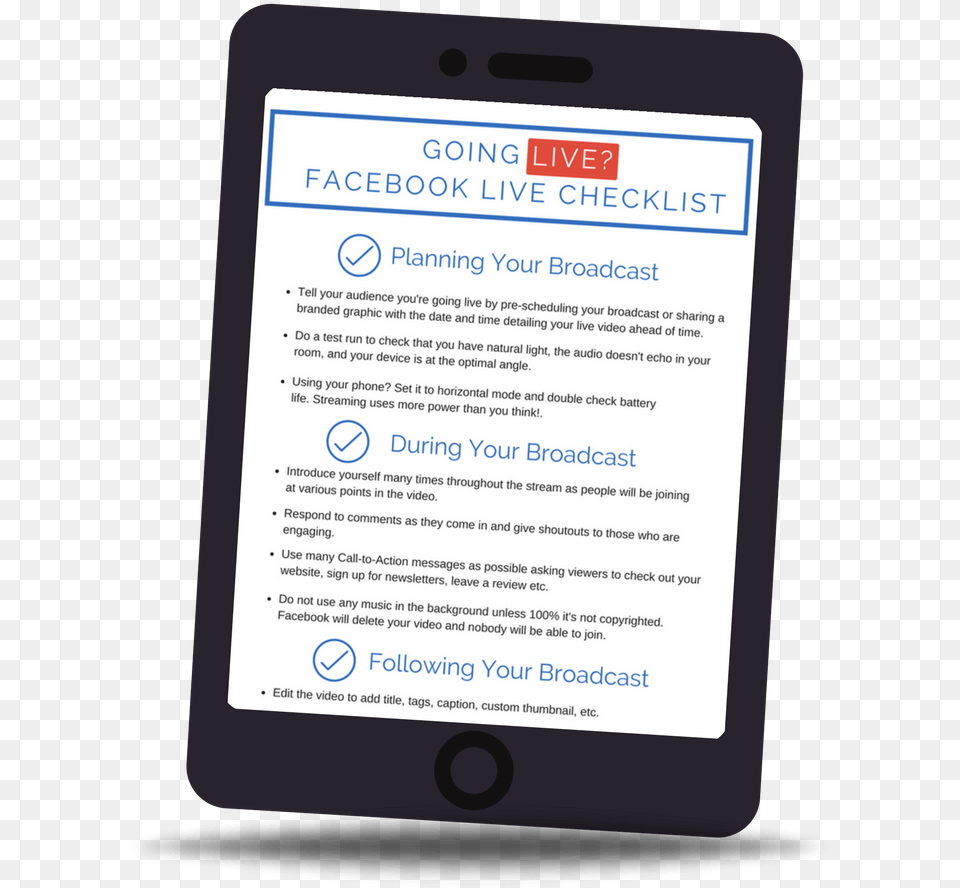 Download Facebook Live Video Checklist Recharge Tablet Computer, Electronics, Mobile Phone, Phone, Text Free Png