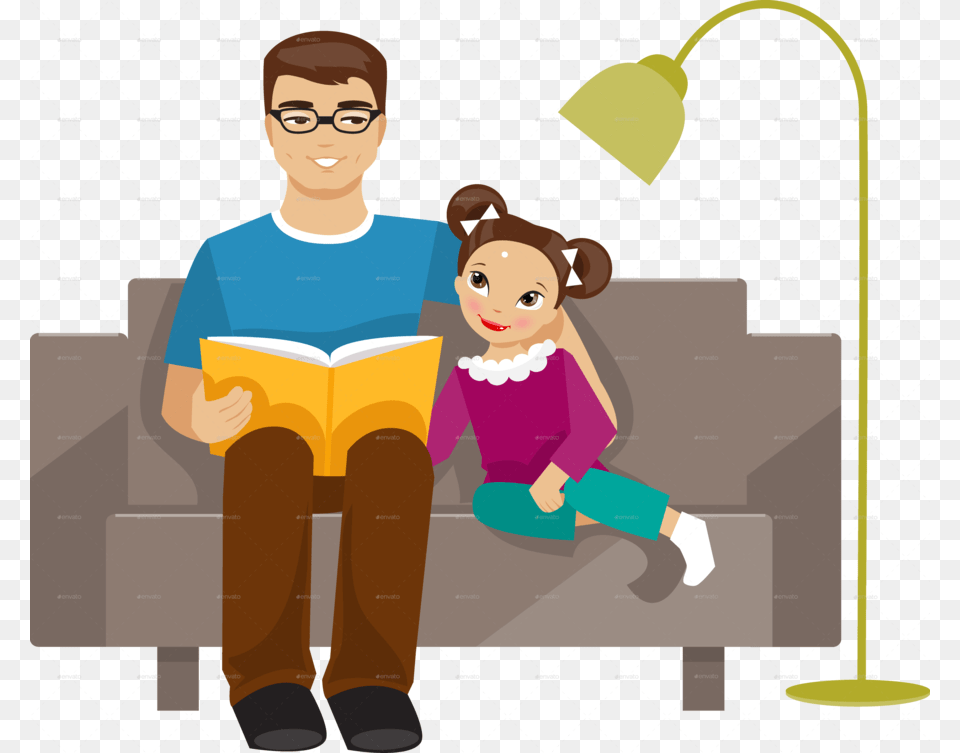 Download Father And Daughter Clipart Father Clip Cartoon Father, Reading, Person, Lamp, Boy Free Png