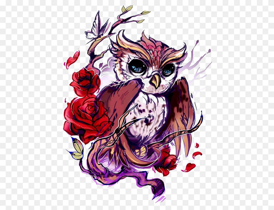 Download Flash Owl Artist Rose Tattoo Owl With Rose Tattoo, Art, Graphics, Painting, Person Png Image
