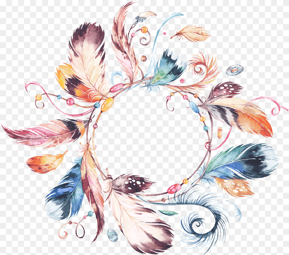 Flower Garland Bouquet Tribal Wreath Watercolor Feather Wreath Free Png Download