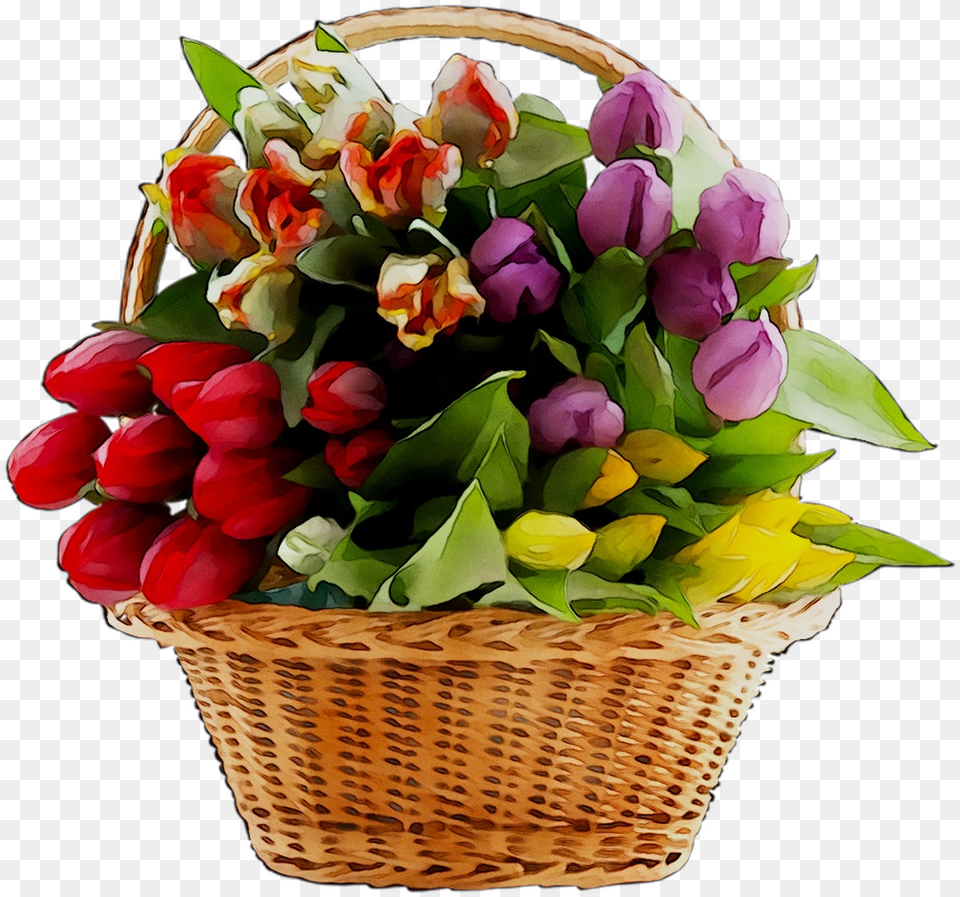 Download Flower Gift Tulip Bouquet Baskets Food Design 8, Flower Arrangement, Flower Bouquet, Plant, Basket Png