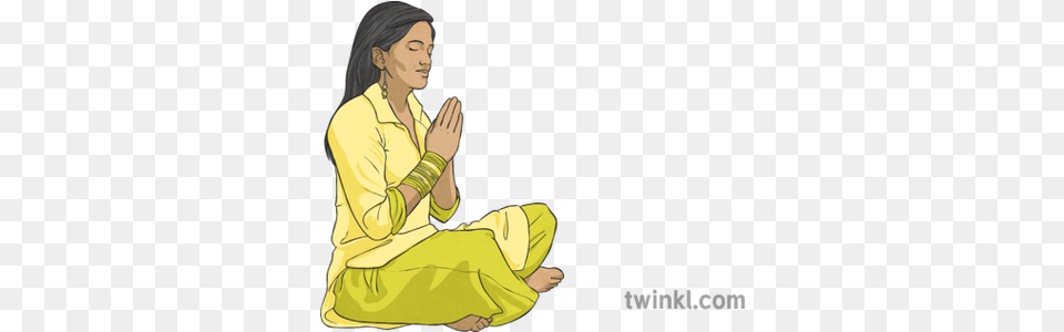 Download Free Hindu Woman Praying Illustration Twinkl Hindu People Praying Vector, Adult, Female, Person, Sitting Png Image
