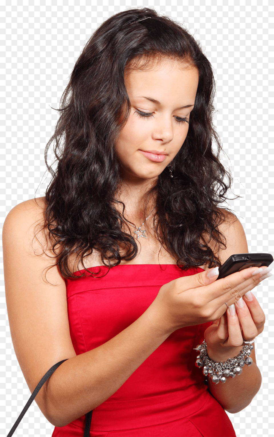Download Girl Using Mobile Phone Image Girl With Phone, Woman, Person, Hand, Formal Wear Png