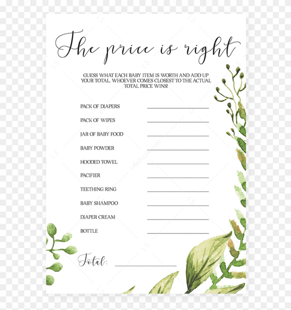 Download Guess The Price Baby Shower Game Printable Greenery Baby Shower Prediction Cards, Text, Page, Plant, Menu Png