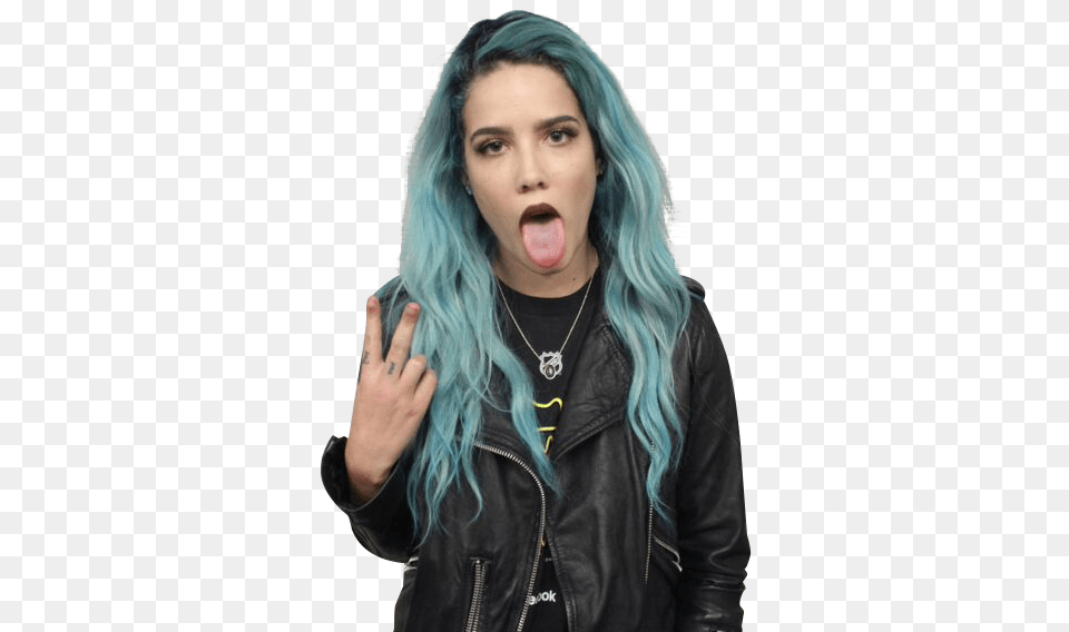 Download Halsey Halsey Light Blue Hair Full Size Halsey Blue Hair, Head, Person, Face, Coat Free Transparent Png