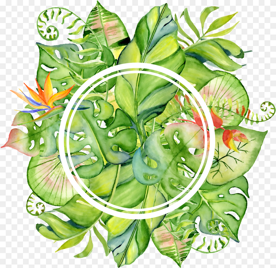 Download Hand Painted Bright Green Leaves Wall Frame Tropical Leaves, Art, Floral Design, Graphics, Leaf Png Image