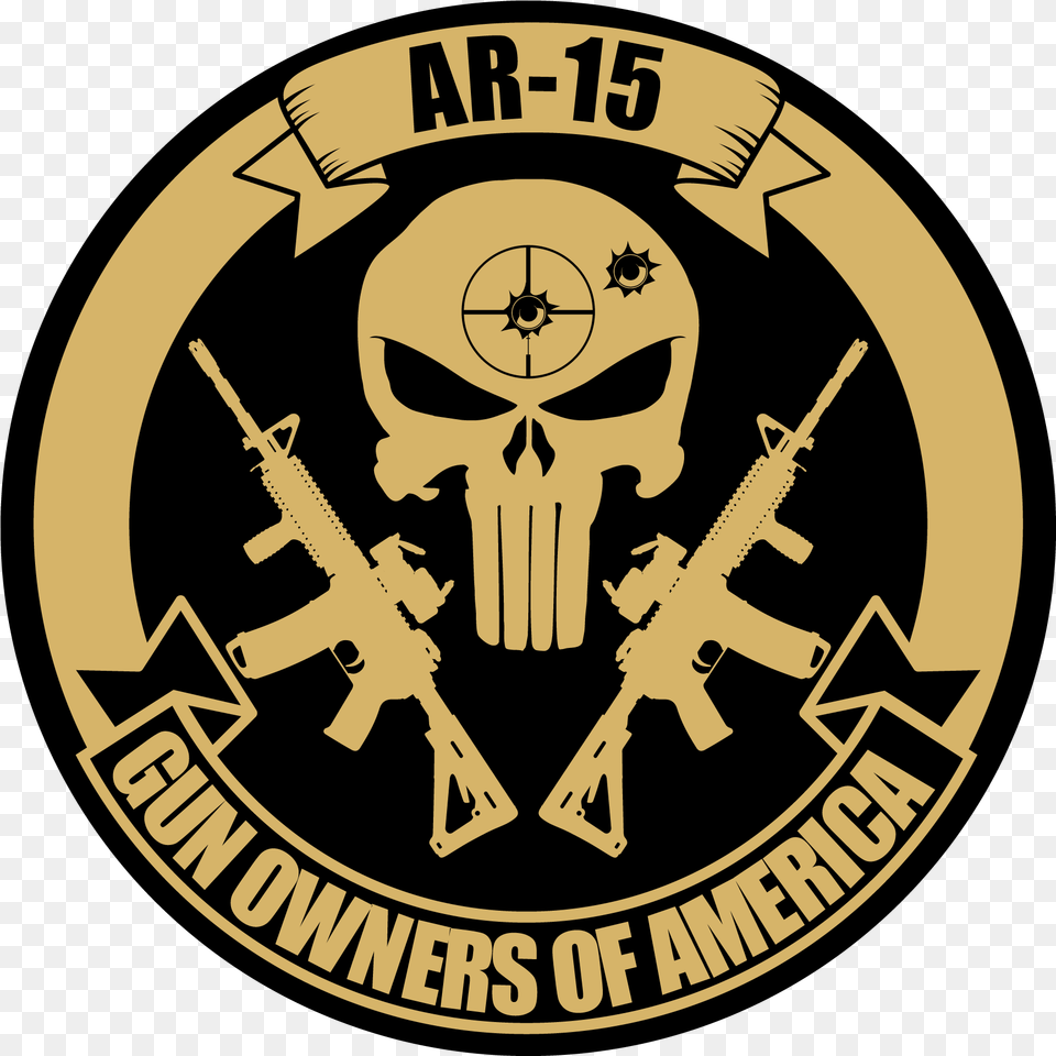 Download Hd Ar15goa Punisher Decal Black U0026 Gold Punisher Ar 15 Gun Owners Of America, Emblem, Logo, Symbol, Face Png