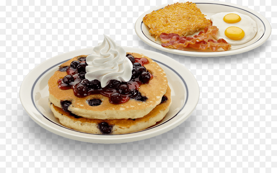 Download Hd Breakfast Transparent Pancake Ihop Stock Pancakes And Hash Browns Bacon Eggs, Food, Bread, Produce, Plant Png Image