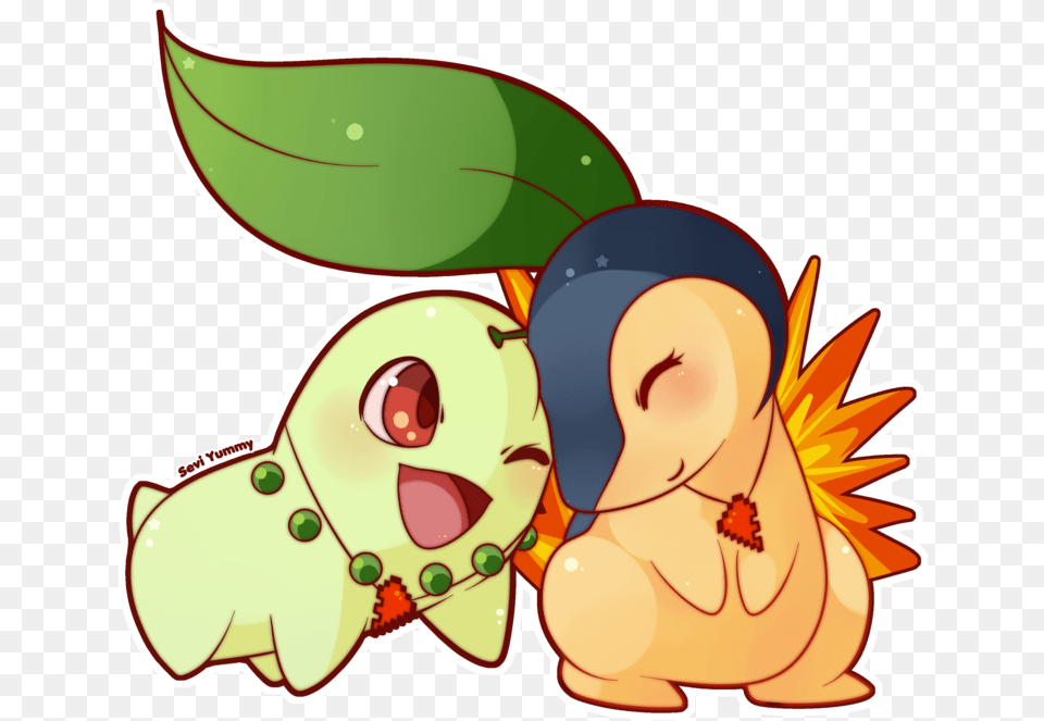 Download Hd Chikorita And Cyndaquil By Seviyummy Pokemon Chikorita And Cyndaquil, Clothing, Hat Free Transparent Png