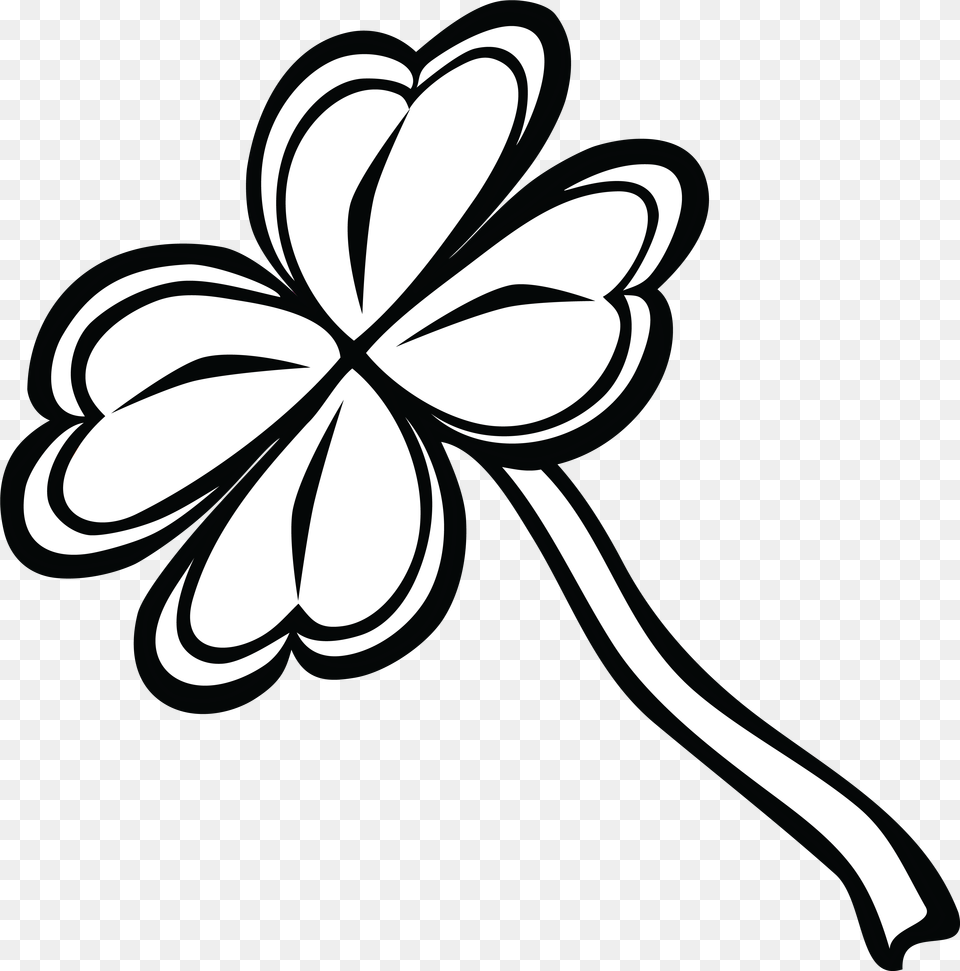 Download Hd Fourleaf Clover Transparent Image Four Leaf Clover Clip Art Black And White, Daisy, Flower, Plant, Stencil Free Png