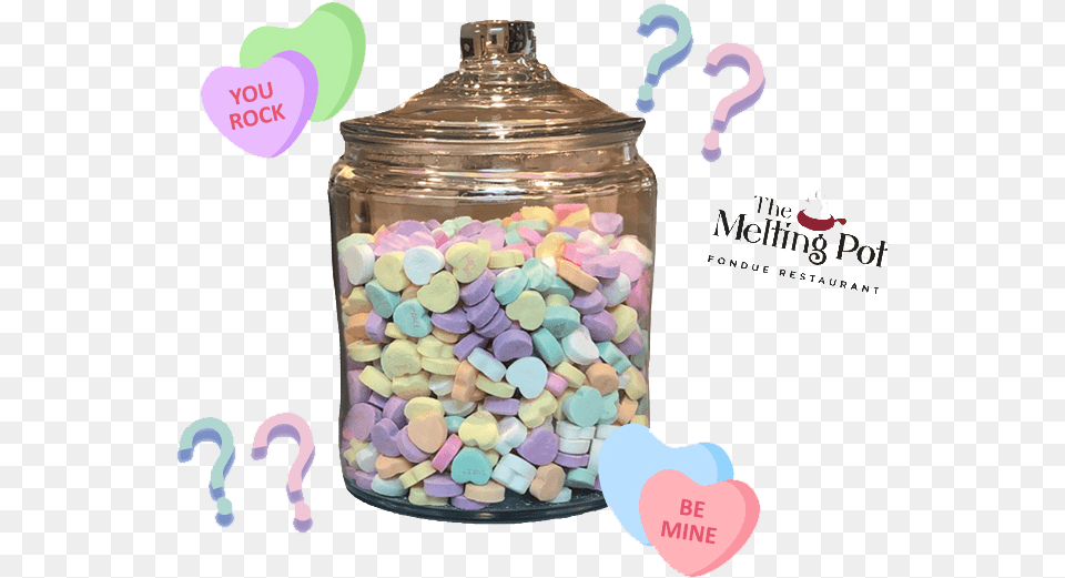 Download Hd How Many Candy Hearts Are In The Jar Heart Many Hearts In A Jar, Food, Sweets, Bottle, Cosmetics Png