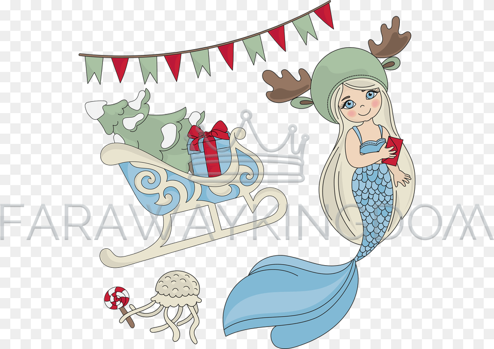 Download Hd Mermaid Sled Cartoon Merry Christmas Vector Dibujos De Sirenas En Navidad, Face, Head, Person, Baby Png