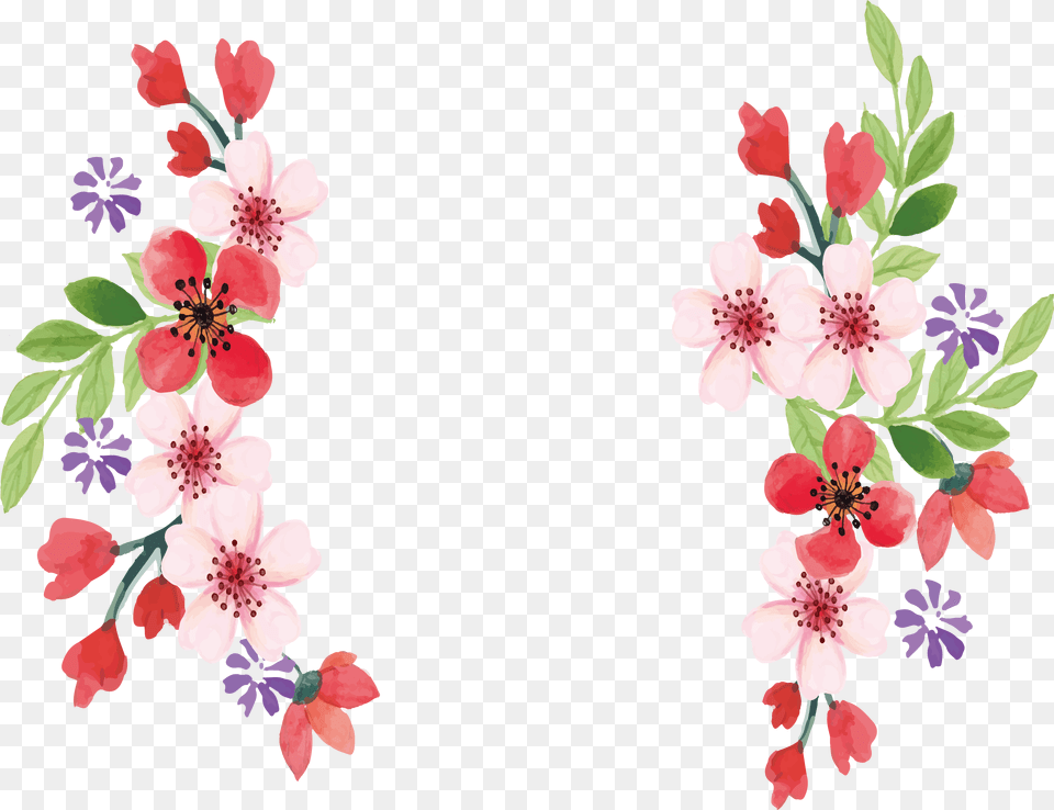 Hd Pink Floral Border Flower Watercolor Painting Red Small Flower Painting, Plant, Pattern, Flower Arrangement, Art Free Png Download