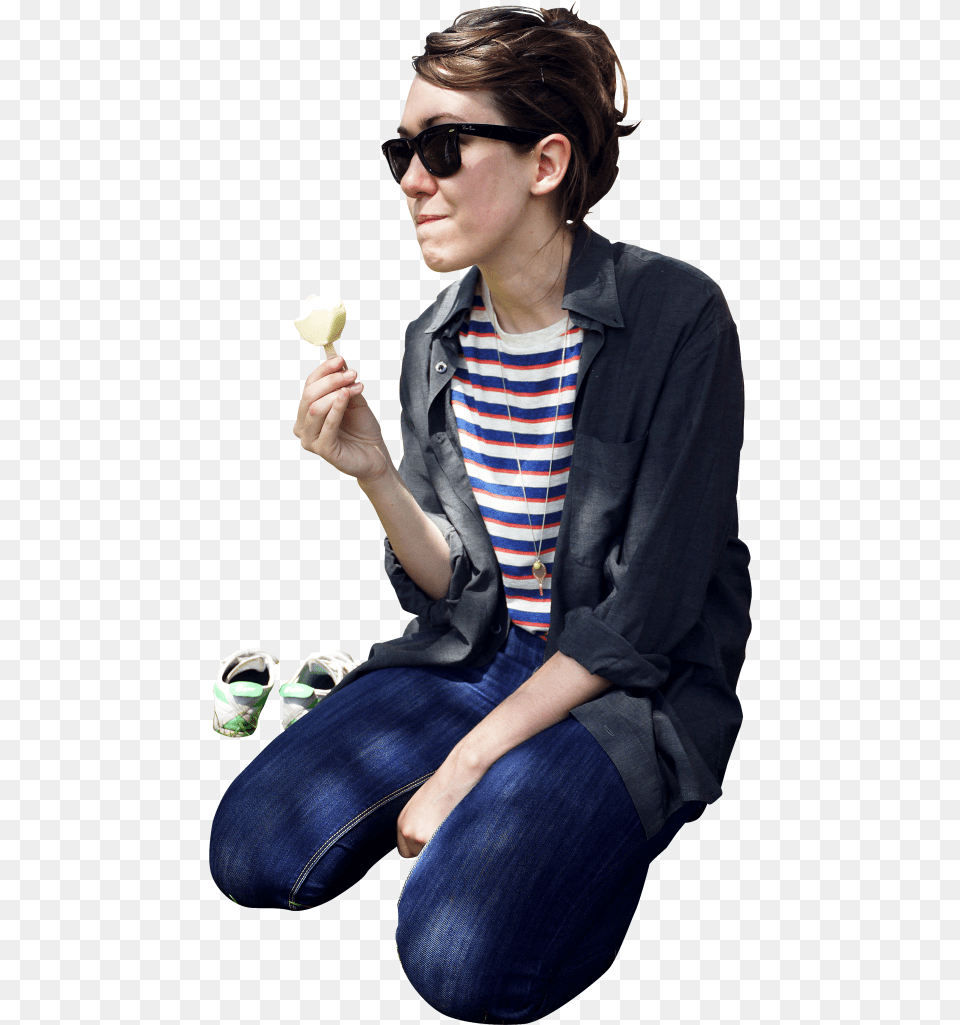 Download Icecream Sitting Image For People Eating Ice Cream, Accessories, Hand, Jacket, Pants Free Png
